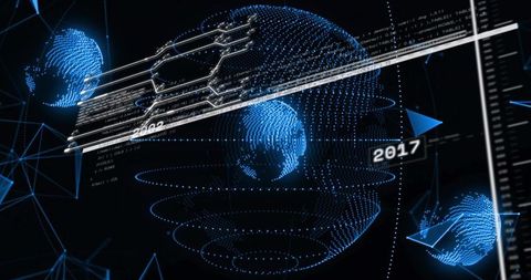 Rotating blue point-cloud globe with futuristic data visualization and holographic network