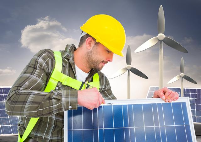 This image shows an engineer fixing a solar panel with wind turbines in the background, promoting renewable energy and sustainable practices. Perfect for use in environmental campaign materials, educational presentations on renewable energy, or articles on green energy solutions.
