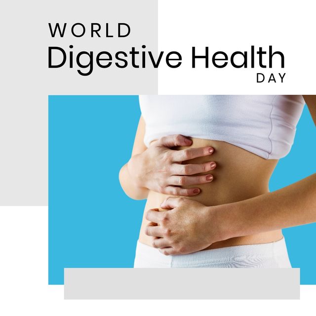 Digital composite image of world digestive health day text by caucasian woman with hands on abdomen. healthy lifestyle and body care concept.