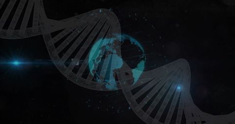Digital dna helix encircling globally illuminated earth