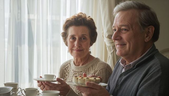 Senior couple enjoying tea and pastries in sunlit cozy breakfast nook