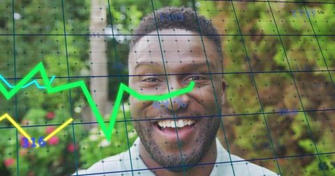 Smiling man with digital data overlay headshot outdoors representing analytics and growth
