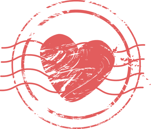 Red heart stamp with wavy lines on transparent background
