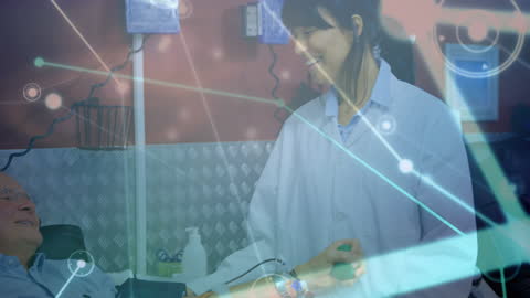 Smiling Scientist with Patient and Digital Network Overlay Concept