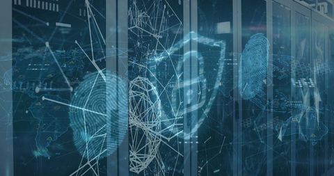 Digital Cybersecurity Shield with Padlock Over Servers