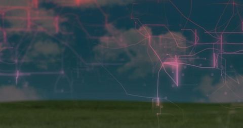 Magenta neon circuit network spreading across teal sky over grass horizon futuristic digital glow