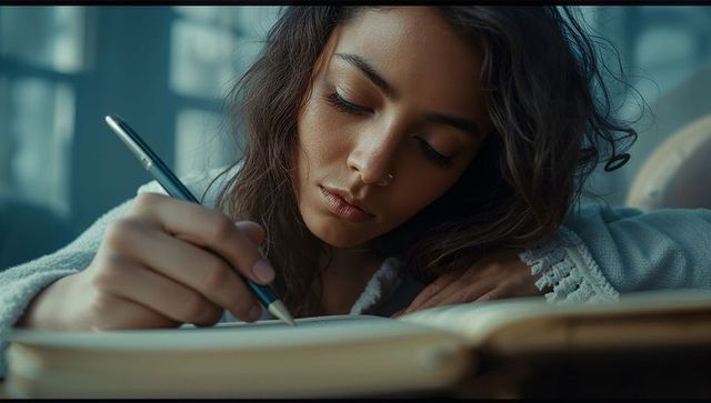 Woman writing intently with pen at home study desk
