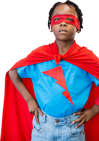 Determined boy in red cape and mask with transparent background