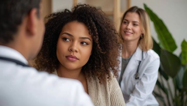 Black woman listening during compassionate medical consultation with smiling female clinician