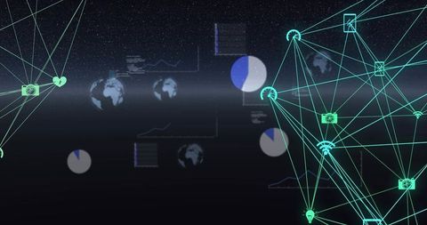 Connecting global network nodes with holographic teal grid and data charts, futuristic HUD
