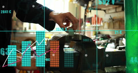 Mechanic Operates Lathe with Digital Financial Overlay