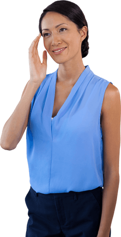 Transparent Smiling Businesswoman in Thoughtful Gesture