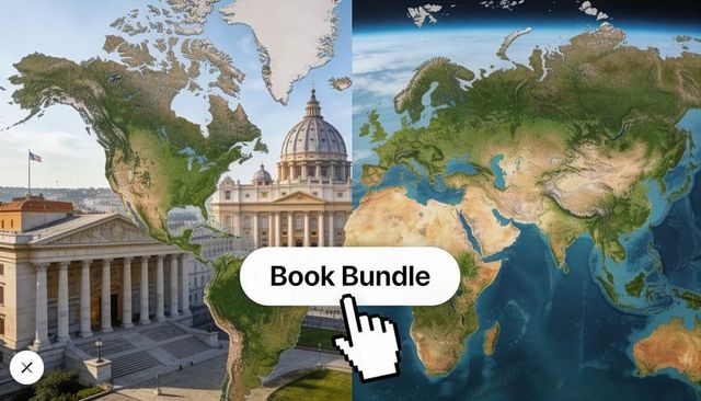 Displaying book bundle button over world map and neoclassical plaza with pixel cursor