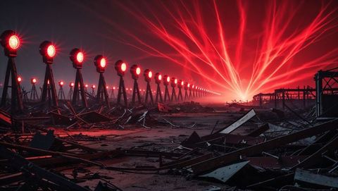 Dystopian laser lights in apocalyptic abandoned industrial yard at night