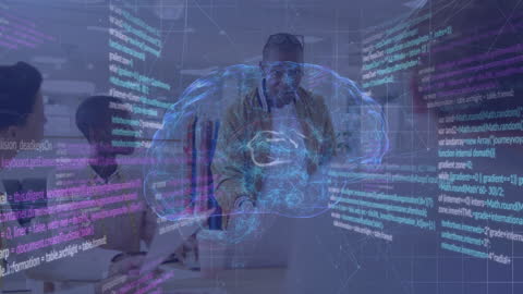 Innovative Team Analyzing Data with Digital Brain Overlay