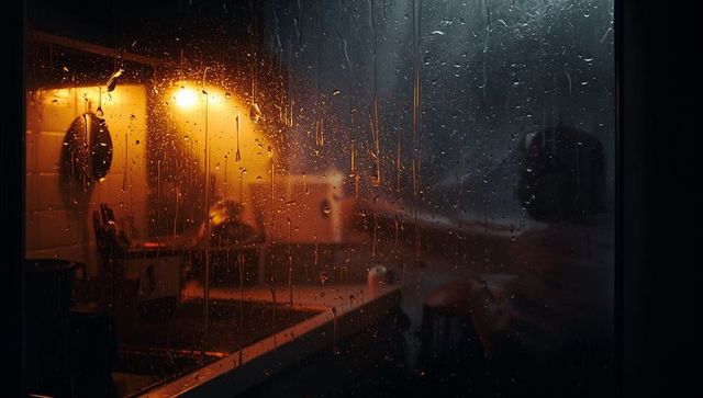 Rain-glazed window revealing warm kitchen glow and silhouette at night