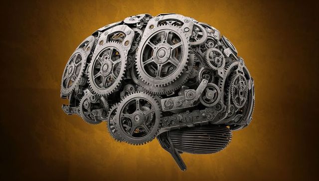 Crafting mechanical brain from interlocking gears and cogs conveying industrial ai concept