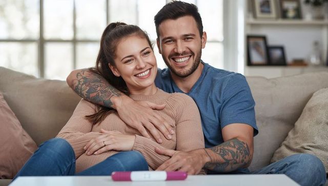 Happy Couple Celebrating Positive Pregnancy Test Embracing on Couch
