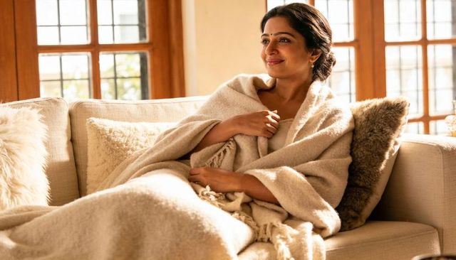 Indian woman relaxing wrapped in beige blanket on cream sofa by mullioned windows