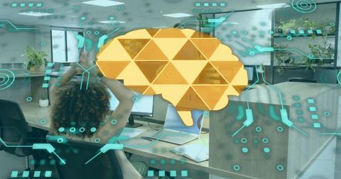 Futuristic office worker stretching at desk with digital brain overlay