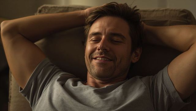 Relaxed young man reclining on sofa with hands behind head enjoying cozy home comfort