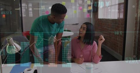 Coworkers Collaboration on Financial Data in Modern Office