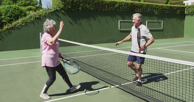 Senior Tennis Players Celebrating After Match with High Five - Download Free Stock Images Pikwizard.com