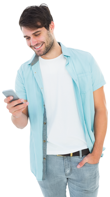 Happy Young Man in Casual Attire Texting on Smartphone Transparent Background - Download Free Stock Videos Pikwizard.com