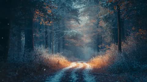 Enchanting Winter Forest Path with Gentle Snowfall