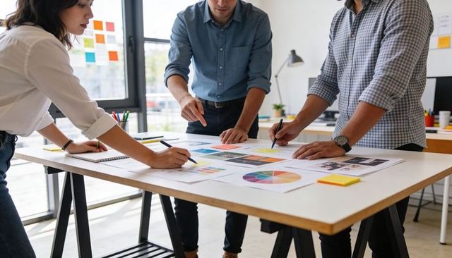 Creative team collaborating on brand design with color wheel, moodboard and layout planning