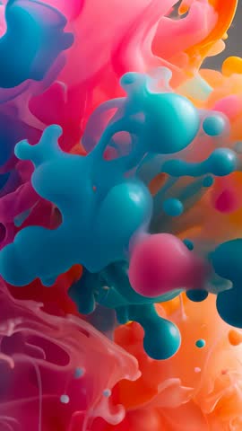 Vertical Macro Video of Teal Blob Emerging, Hitting Pink Mass and Forming Colorful Filaments