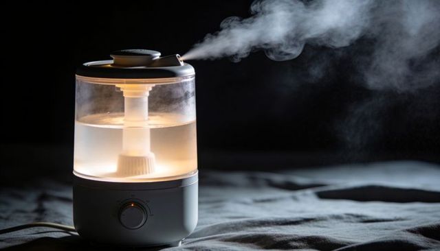 Ultrasonic humidifier releasing mist with warm led glow on rumpled bed linen for sleep