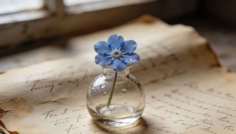 Blue forget-me-not in glass bud vase with water droplets on vintage handwritten paper