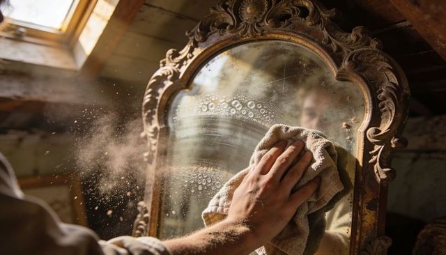 Restoring ornate antique mirror in dusty attic sunbeam, hand wiping gilded frame