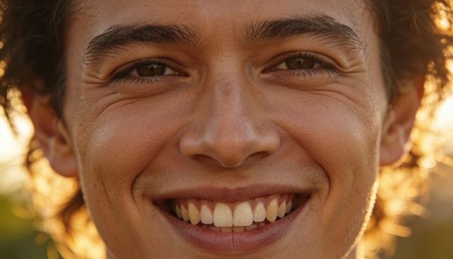 Close-up smiling young man with curly hair backlit by golden hour sunlight, warm portrait