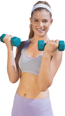 Active caucasian woman lifting dumbbells workout transparent