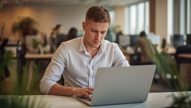 Focused young professional typing on laptop in modern open-plan office with greenery