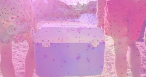 Men carrying cooler on sandy beach wearing colorful swim shorts during summer outing