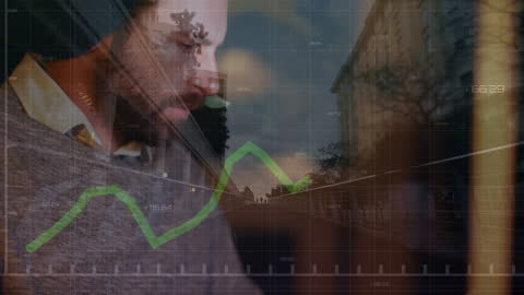 Businessman Analyzing Trends with Line Graph Overlay in Urban Setting