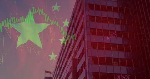 China Flag Overlay with Cityscape and Stock Market Graph