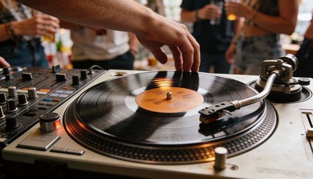 Dj spinning vinyl turntable close-up with tonearm cueing party mixer crowd nightlife vibe