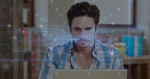 Software developer coding with futuristic digital interface