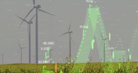 Green Energy Concept with Data and Wind Turbines in Field