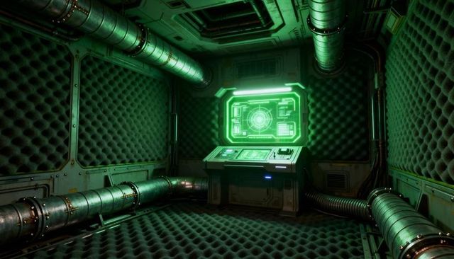 Sci-fi control console projecting green holographic hud in sound-dampened compartment