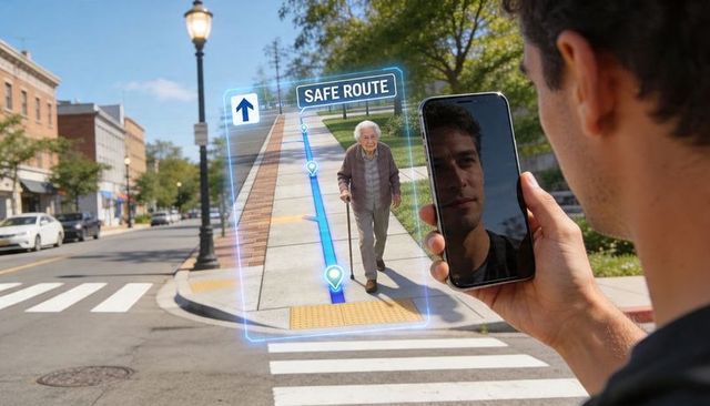 Senior man walking with cane following safe route ar navigation on smartphone at crosswalk