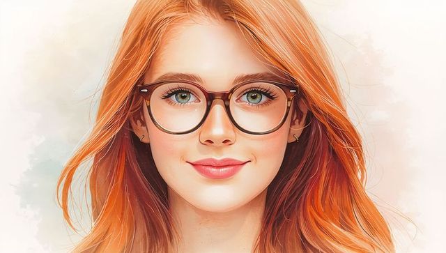 Smiling Red-Haired Woman Wearing Eyeglasses in Watercolor Art Style