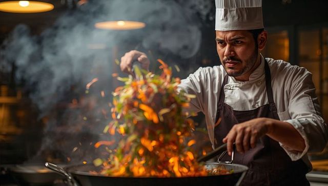 Chef Tossing Vibrant Stir-Fry in Wok with Intense Focus