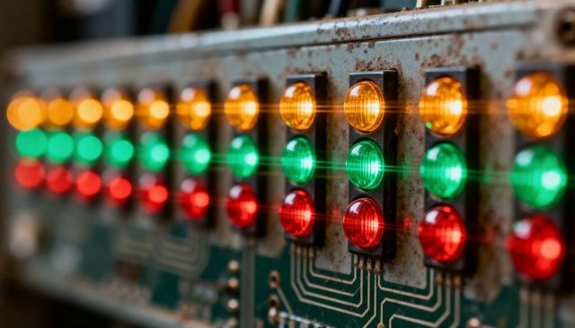Rusty indicator lamp panel glowing red green amber leds on circuit board macro detail