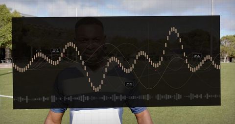 Athlete performance analytics overlay showing biometric waveforms tracking fitness metrics outdoors