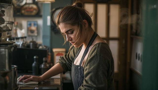 Focused young barista wiping coffee counter in cozy cafe wearing dark apron and olive top